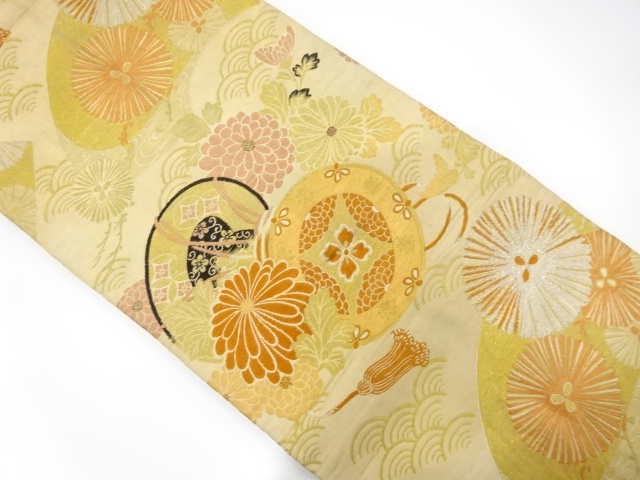 JAPANESE KIMONO / ANTIQUE MARU OBI / SILK / WOVEN JAPANESE LARCH & KIKU